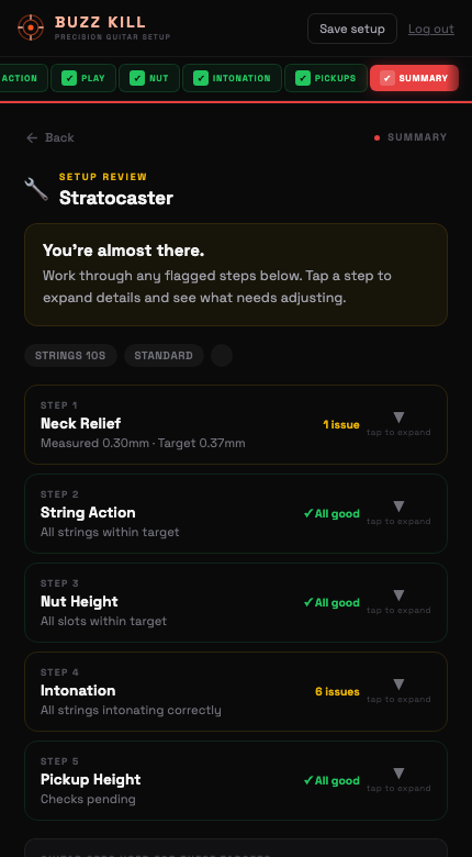 Buzzkill setup review screen showing neck relief, string action, nut height, intonation, and pickup height checks